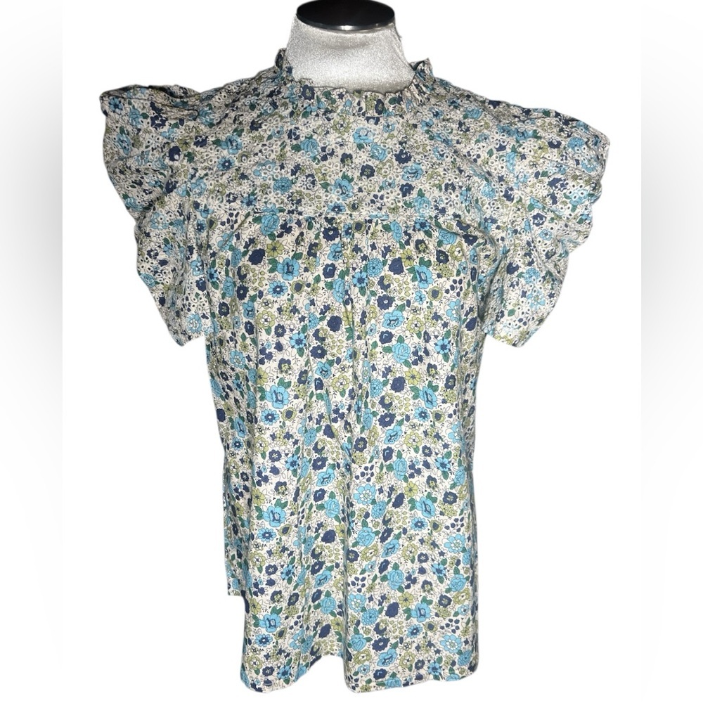 Solitaire Blue and Green Floral Ruffle Blouse